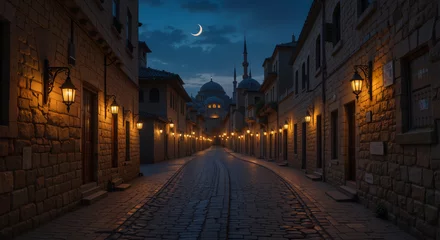 Fototapete Rund street at night  and mosque background © Herry