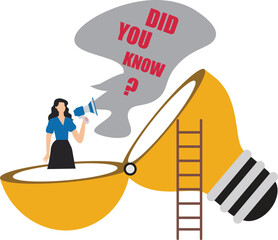 Did you know illustration with businesswoman coming out of light bulb idea with megaphone and speech bubble saying did you know?, expert information, explanation or solution, useful tip or knowledge