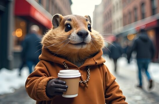 Groundhog Day. A groundhog on the streets of the city holds cups of coffee in his hands - Powered by Adobe