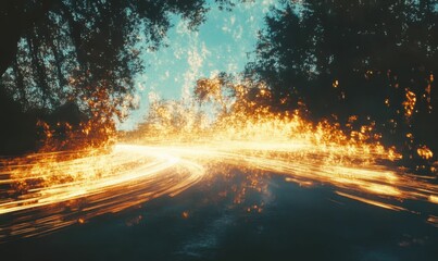 Bright streaks of light through trees, under blue sky.