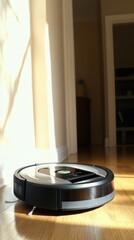 Modern Robot Vacuum Cleaner on Hardwood Floor in Bright Room
