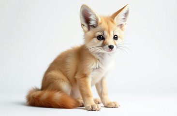 Adorable fennec fox sitting on plain white background.