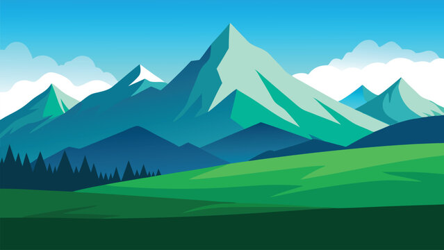 Stunning landscape featuring a majestic mountain range set against a vibrant green field of grass flat vector illustration.