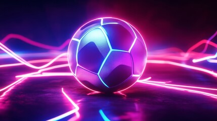 Fototapeta premium Glowing football with neon lines, abstract 3D design illustration. 