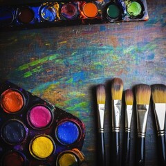 Fototapeta premium Colorful Watercolor Palette and Brushes on Wooden Table Surface