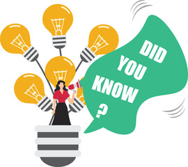 Did you know? concept illustration, expert information, explanation or solution, businesswoman riding a light bulb idea balloon and using a megaphone with a speech bubble that says did you know?