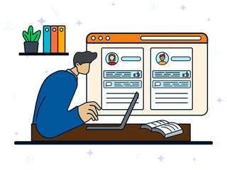 Administrator social media concept. A man using laptop to uploading social media content for her customers. Viral, promotion, feedback, like, comment, account, project status. 