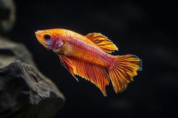 Obraz premium Male yellow Plakat, Halfmoon betta fish, siamese fighting fish, capture moving of fish, betta splendens on dark black background