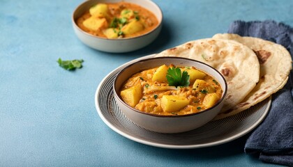 Indian traditional cuisine potato curry or aloo curry served with flatbread on blue background