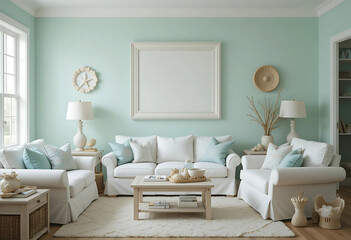 Picture a cozy coastal-themed cottage living room with soft, soothing decor. The walls are painted a light seafoam green, and the furniture includes comfortable, slipcovered pieces in white and blue. 