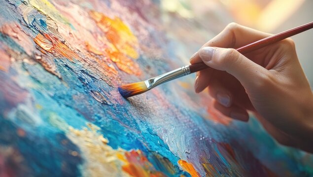 A close-up of an artist's hand holding a paintbrush, painting vibrant watercolor strokes on paper with rich colors and textures