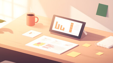 A detailed workspace showcasing a researcher analyzing printed consumer demographic reports and digital data on a tablet. Surrounding items include sticky notes, a cup of coffee, and a notebook. The
