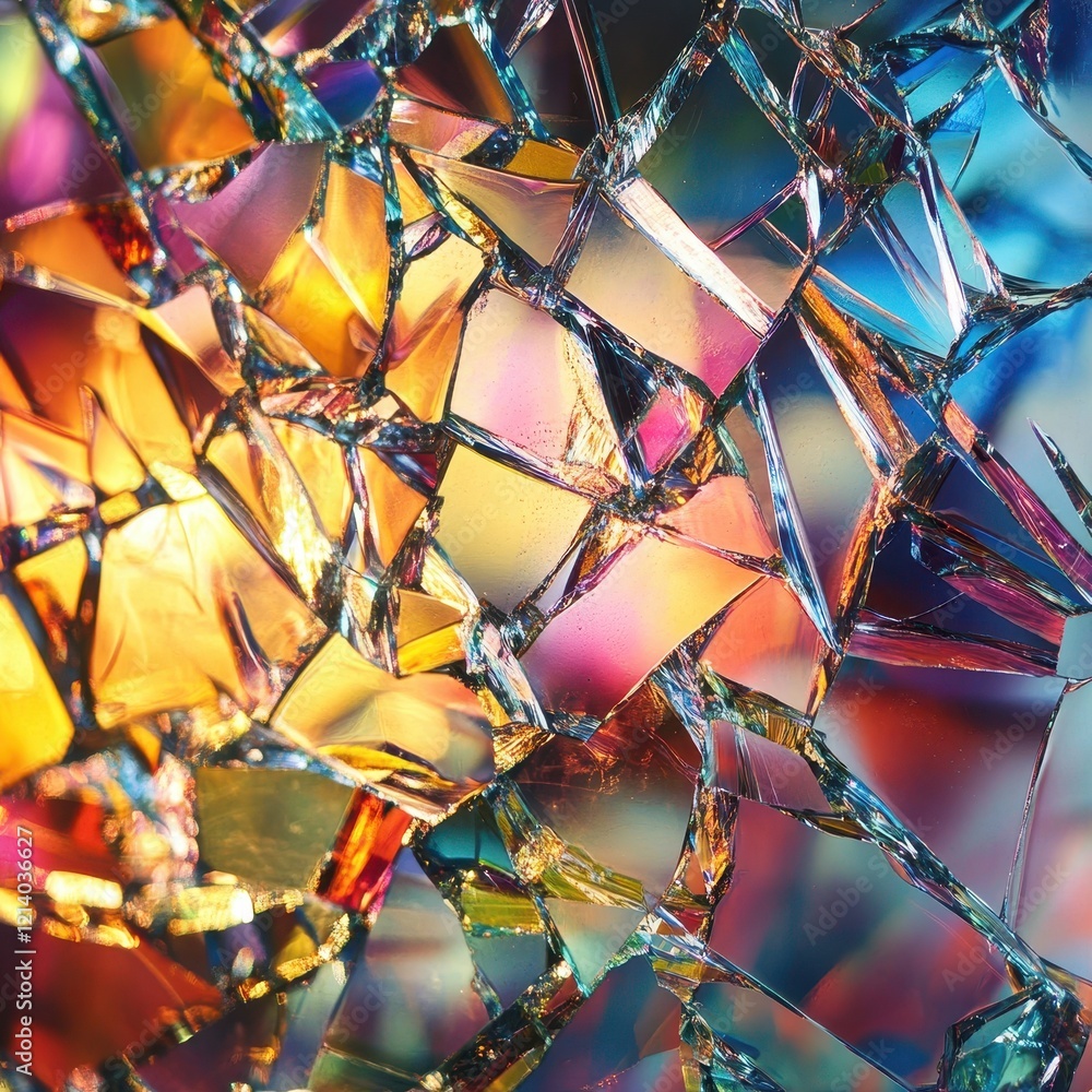 Poster abstract multicolored shattered glass texture with iridescent reflection.