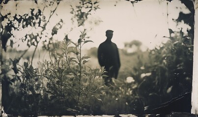 Silhouette of figure in foliage, aged appearance, monochrome.