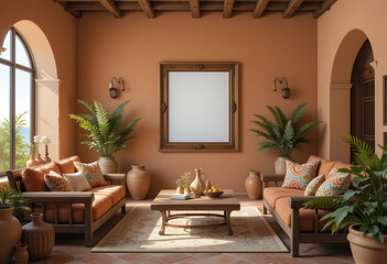 Picture a serene Mediterranean-inspired living room with earthy tones and natural materials. The walls are a warm terracotta
