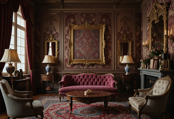 Envision an elegant Victorian-style parlor with rich, opulent decor. The walls are covered in luxurious wallpaper with intricate patterns. A plush settee is paired with a polished wooden coffee table.