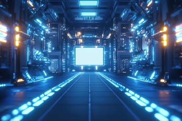 Obraz premium Futuristic Corridor with Blank Screen, Neon Lighting, and Metallic Texture.