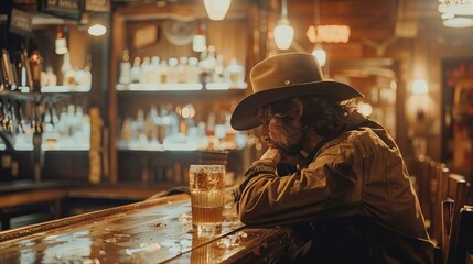 lone cowboy seated at a dimly lit bar, lost in thought, with a glass of whiskey on a polished wooden counter, evoking solitude and timeless Western charm