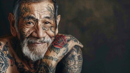 portrait of an elderly man with intricate tattoos, a warm smile, and weathered features, symbolizing a life rich with stories, culture, and individuality
