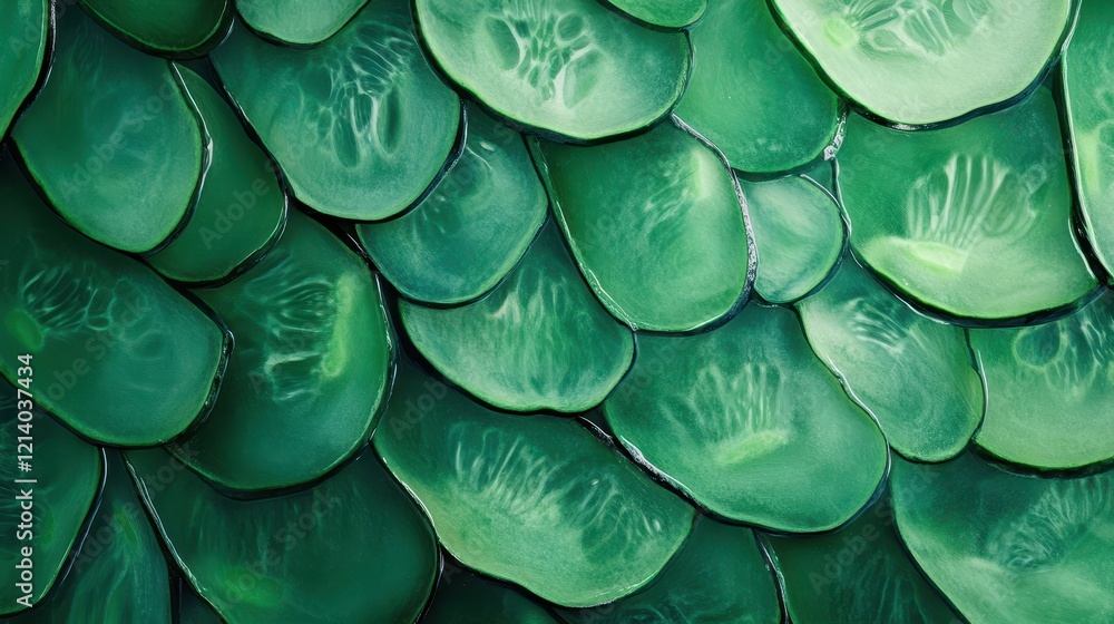 Aufkleber abstract macro close-up of fresh green cucumber slices in a scale-like pattern.