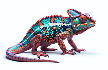 Obraz premium Close-up of a colorful chameleon with intricate details, vibrant patterns, and textures on a white background, concept of wildlife