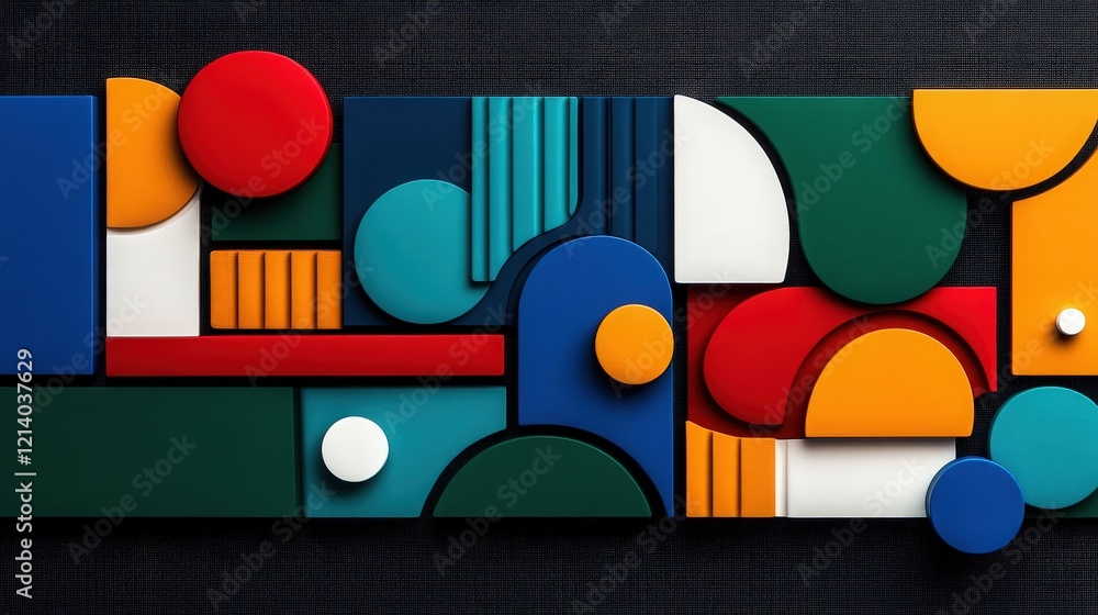 Poster Abstract Geometric Composition: Bold, colorful geometric shapes and patterns overlap in a vibrant composition against a dark backdrop.