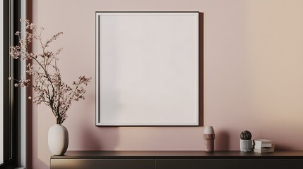 A balanced and creative decor with a blank white frame on a muted beige, pink wall, complemented by a sleek modern credenza.