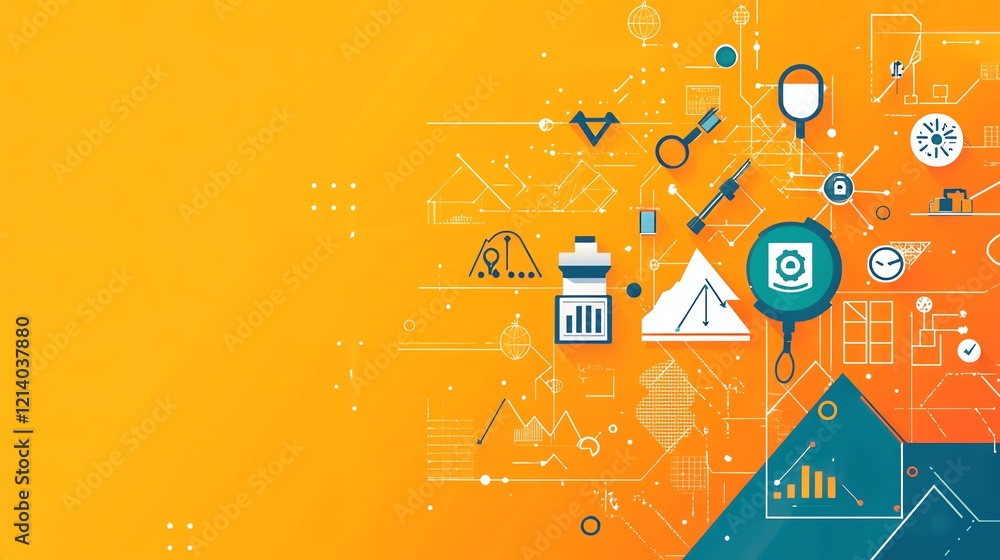 Poster abstract data visualization: modern icons and geometric lines in a vibrant orange design