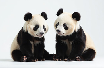 Naklejka premium Two adorable panda cubs sitting together on white background.