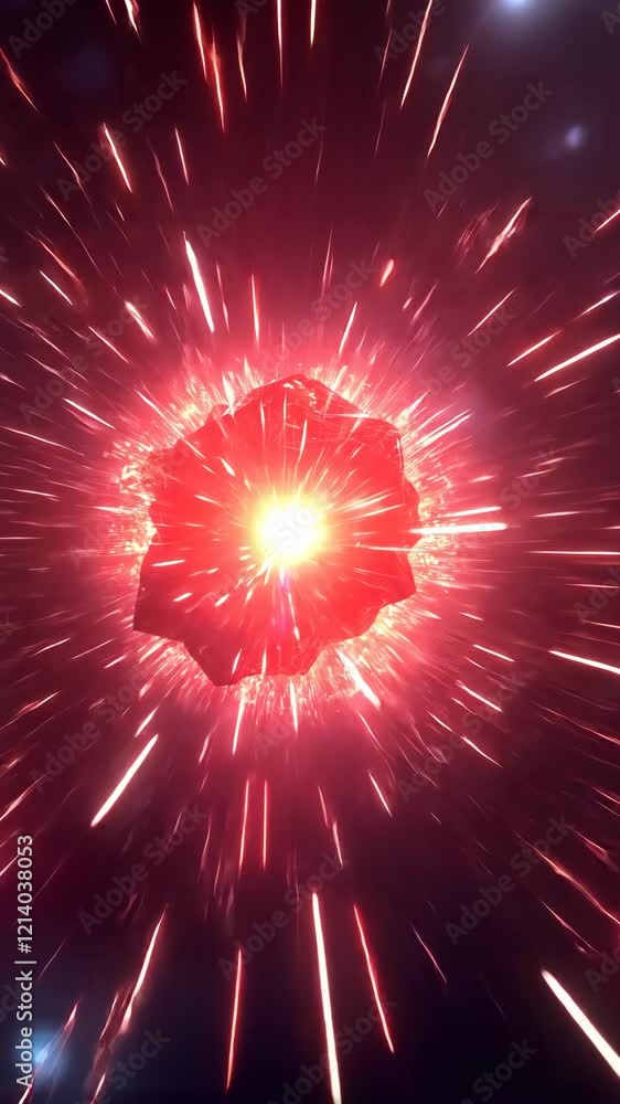 Poster bright explosion of energy radiating from a central red object in a dark space background