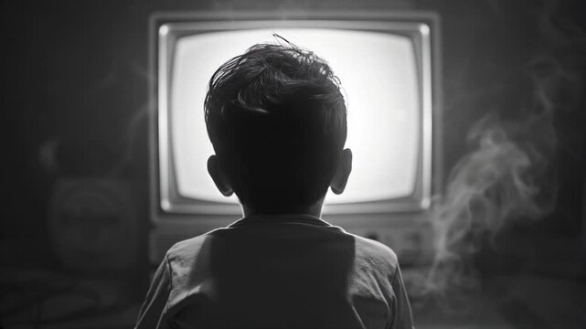Back view of a little boy hypnotized by television. Slow Dolly in, cinematic.4k