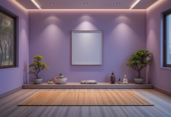 Find tranquility in a modern Zen yoga room designed for peace and relaxation. The walls are a soothing lavender, which promotes calmness and serenity. 