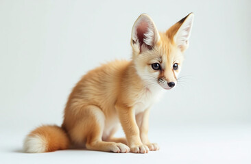 A cute fennec fox with large ears and a fluffy tail sitting attentively. Realistic style on a plain white background. Concept of wildlife