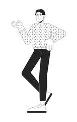 Casually dressed asian man in sweater gesturing in friendly pose black and white 2D line character. Korean male relaxed posture isolated vector outline person. Monochromatic spot illustration