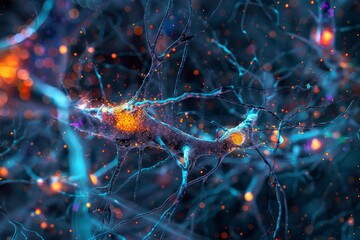 Neurons abstract background. Connections of nerves in microscope view. Neural network ai generated