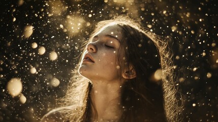 Obraz premium Woman looks up into gold sparkling particles falling.