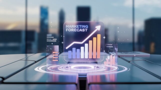 Marketing research survey forecast concept. Digital marketing forecast with a rising graph displayed in a modern cityscape.