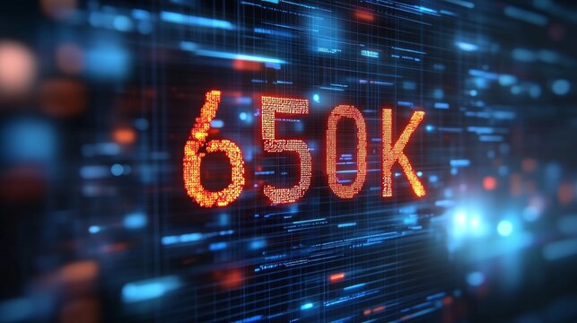 Glowing Digital 3D Number 650K on a Futuristic Abstract Background with Blurry Lights