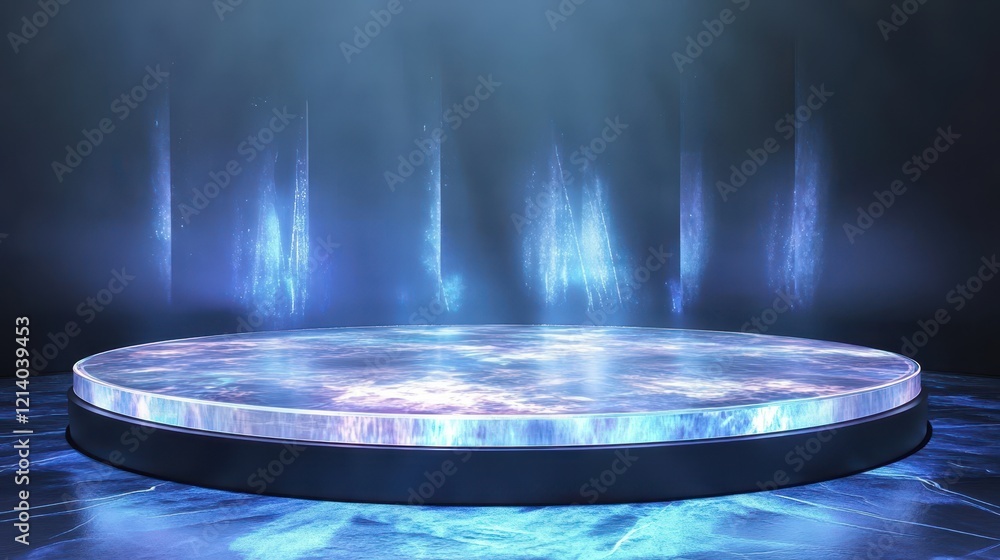 Poster illuminated circular platform with blue abstract liquid reflections and light streaks on dark backgr