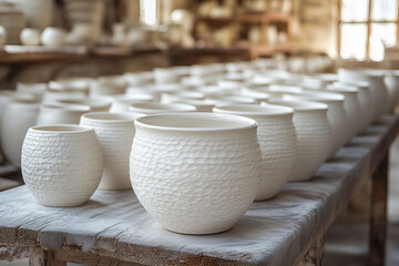 White ceramic pottery displayed on a wooden table in a rustic workshop with natural light