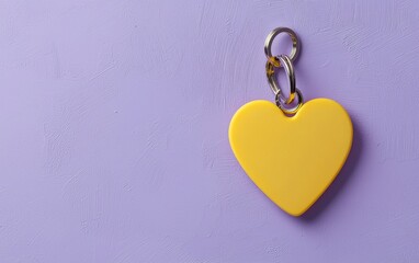 A matte yellow heart-shaped keychain on a soft lilac background with a smooth pastel finish for Valentines Day and 8 March