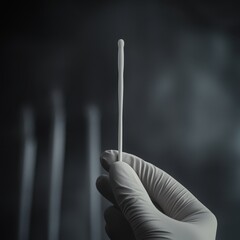 Gloved Hand Holding a Sterile Nasal Swab for Medical Testing on a Dark Background.