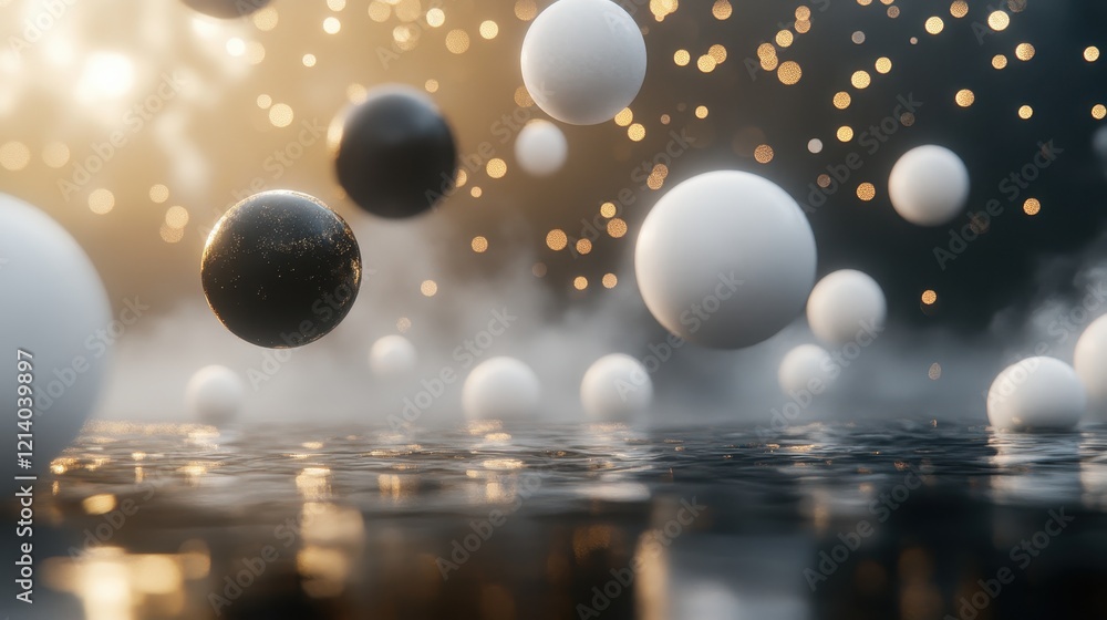 Poster abstract floating spheres on reflective surface with bokeh lights
