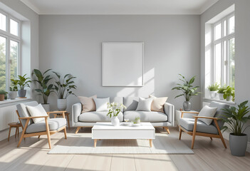 Step into a serene Scandinavian-inspired living room designed with minimalism in mind. The space features light grey walls and light wooden flooring.