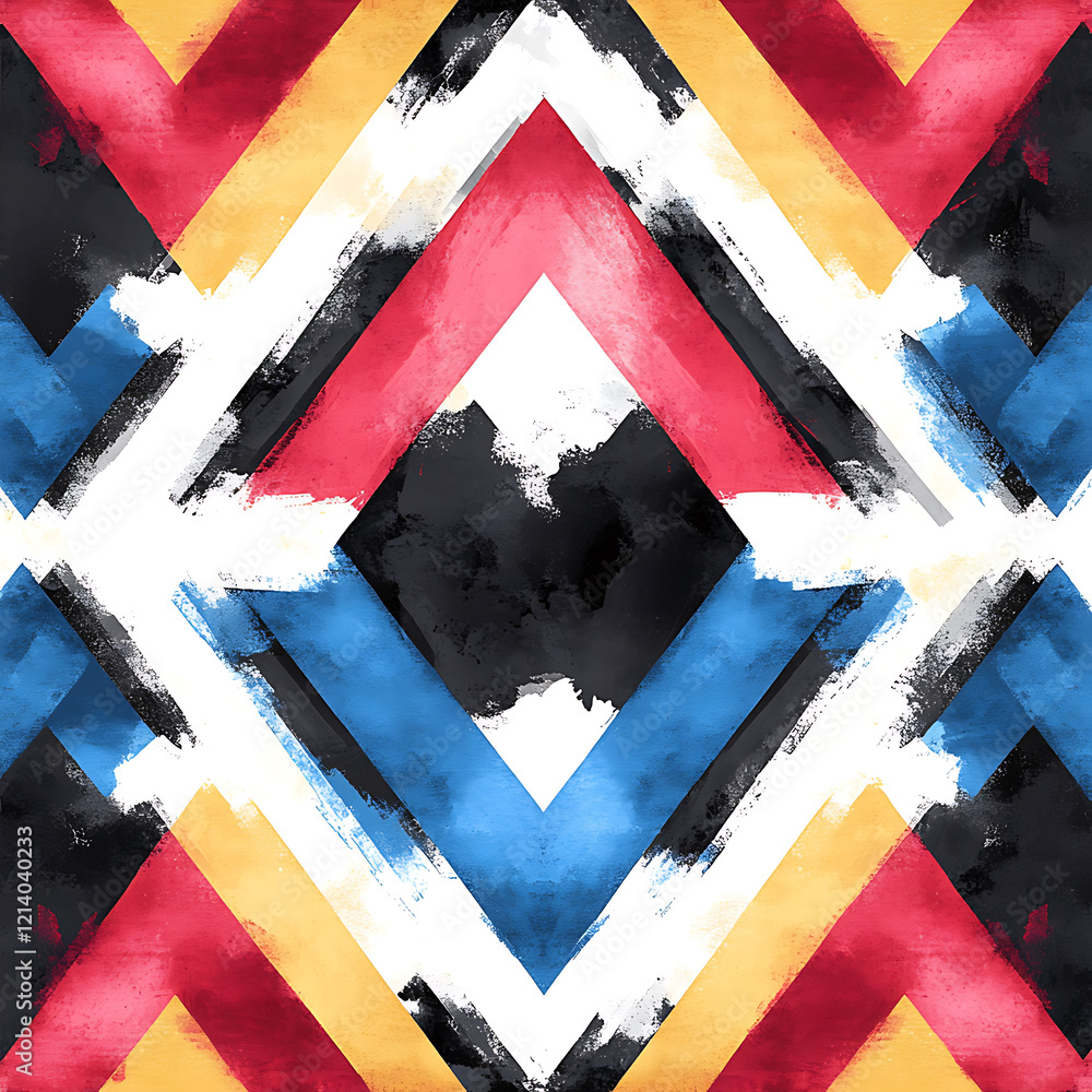 Poster bold geometric pattern featuring overlapping triangles in vibrant colors. design showcases mix of re