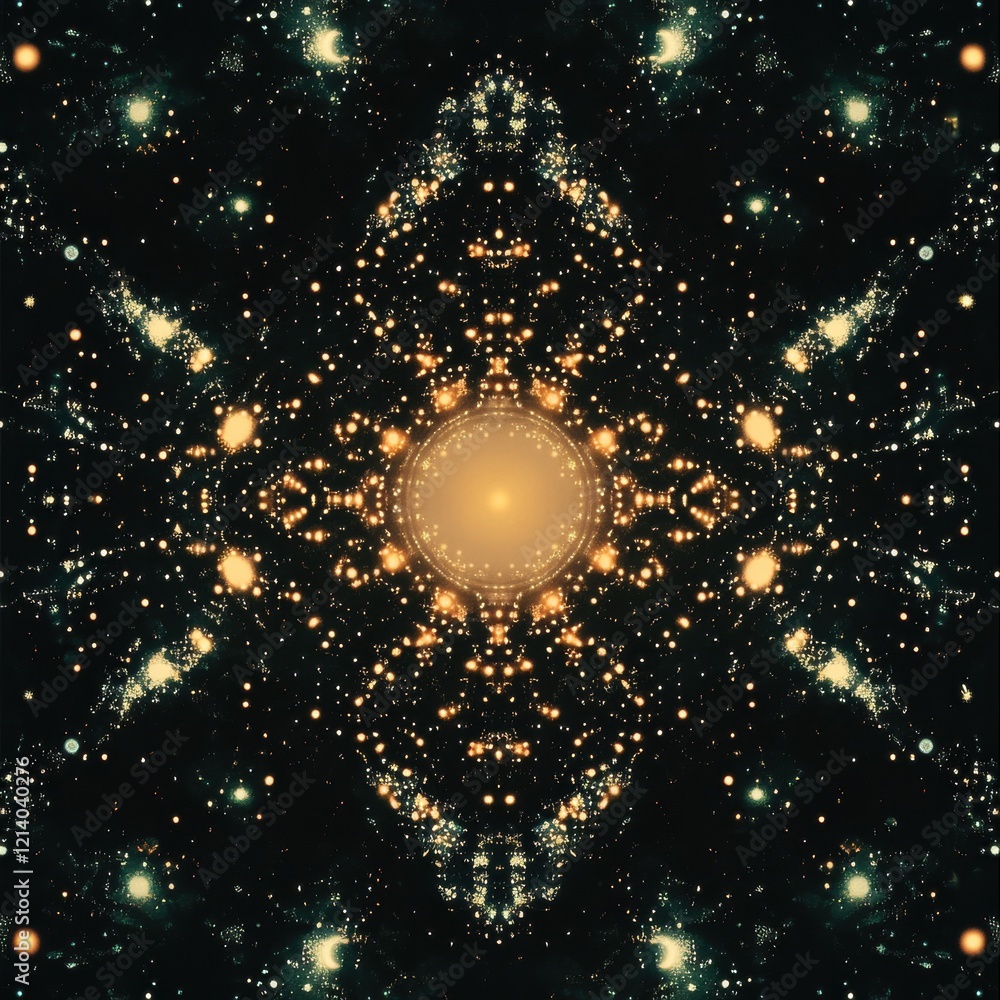 Poster abstract symmetric golden light pattern on dark background with fractal texture.