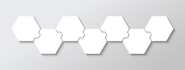 Puzzle diagram grid with 7 hexagonal pieces in a row. Process infographics presentation. Business info graphic with steps, parts. Jigsaw business chain infographic. Vector illustration