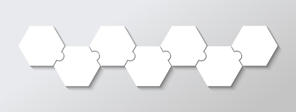 Puzzle diagram grid with 7 hexagonal pieces in a row. Process infographics presentation. Business info graphic with steps, parts. Jigsaw business chain infographic. Vector illustration