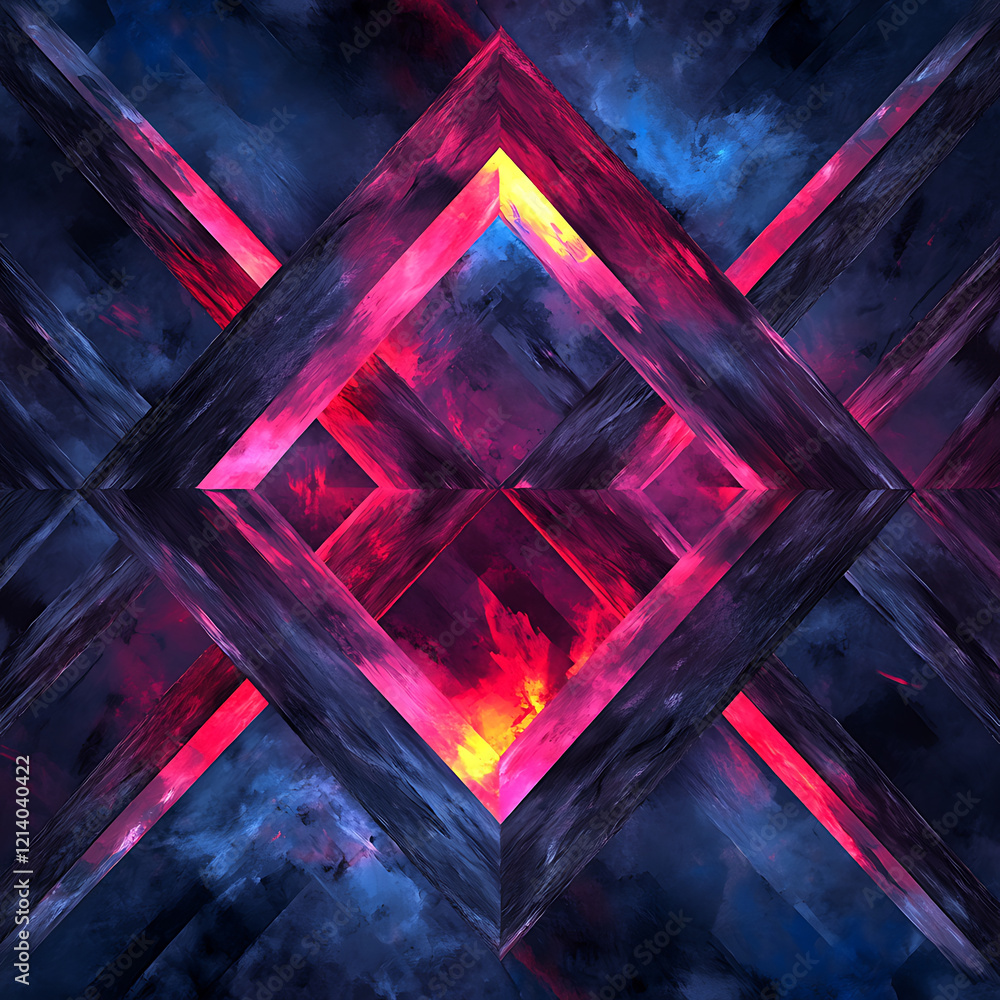 Poster bold high contrast design featuring overlapping triangles in vibrant colors. dynamic interplay of li