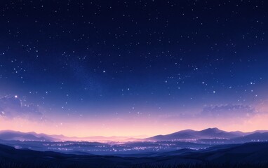 Naklejka premium Enchanting Night Landscape Starry Sky Over Distant Hills and Glowing City Lights.
